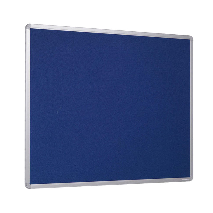 Compact fire-resistant noticeboard featuring a vibrant blue felt surface and a sleek aluminium frame. Size: 900 x 600mm.