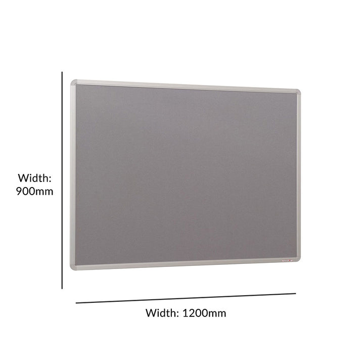Medium-sized fire-resistant noticeboard featuring a neutral grey felt surface and a sturdy aluminium frame. Dimensions: 1200 x 900mm.