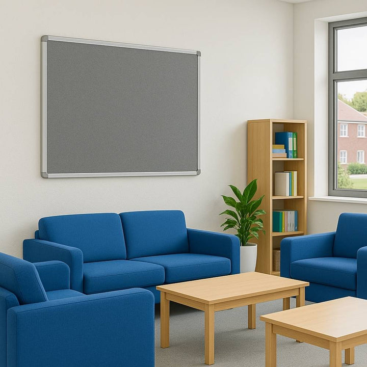 Fire-resistant noticeboard with a grey felt surface and aluminium frame, measuring 1200 x 900mm. Ideal for medium-sized spaces.