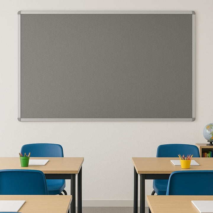 Fire-resistant noticeboard with a grey felt surface and aluminium frame, measuring 1800 x 1200mm. Perfect for large-scale displays.
