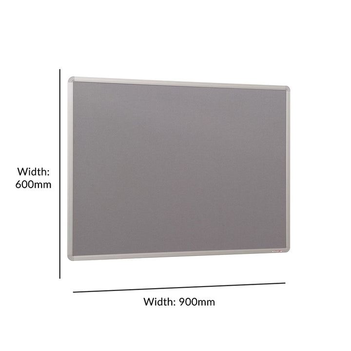 Fire-resistant noticeboard with a grey felt surface and aluminium frame, measuring 900 x 600mm. Ideal for small spaces.