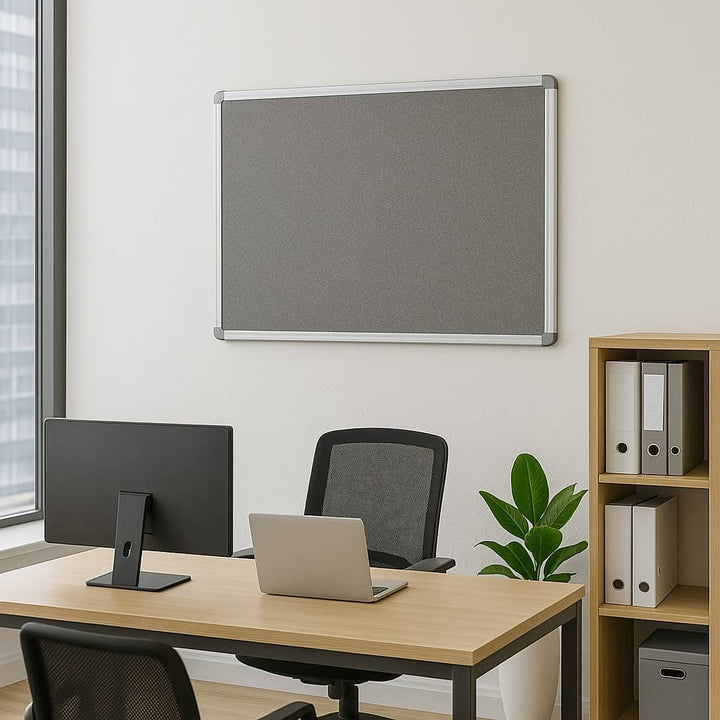 Grey felt noticeboard with fire-resistant properties and a sleek aluminium frame, measuring 900 x 600mm. Suitable for safe and professional displays.