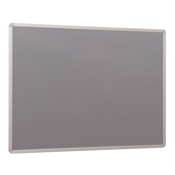 Compact fire-resistant noticeboard featuring a neutral grey felt surface and a durable aluminium frame. Dimensions: 900 x 600mm.