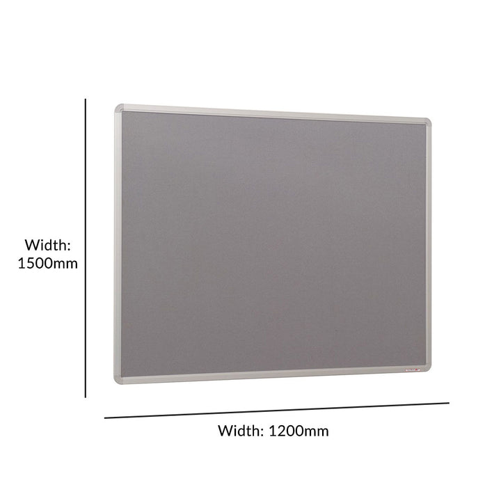 Large fire-resistant noticeboard featuring a neutral grey felt surface and a durable aluminium frame. Dimensions: 1500 x 1200mm.