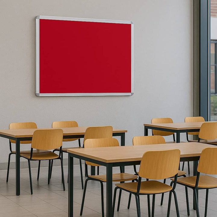 Fire-resistant noticeboard with a red felt surface and aluminium frame, measuring 1200 x 900mm. Ideal for medium-sized spaces.