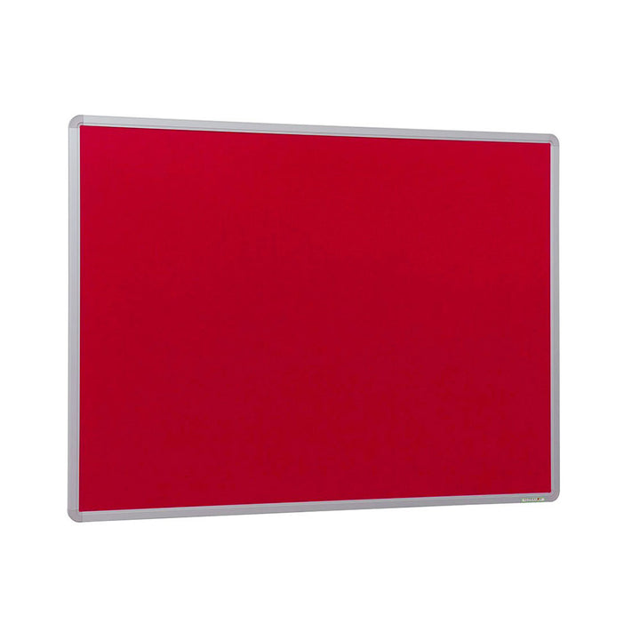 1200 x 900mm fire-resistant red felt noticeboard with a durable aluminium frame, perfect for safe use in offices, schools, and public areas.