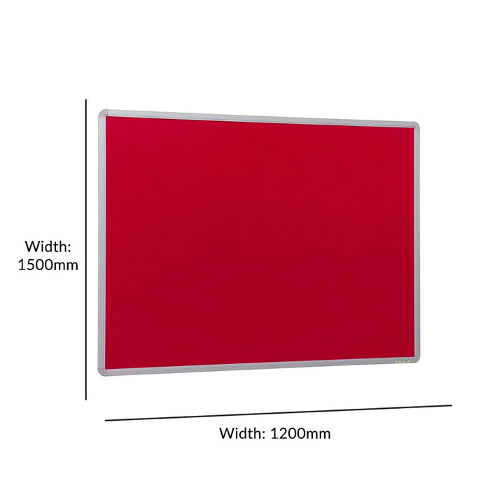 Large fire-resistant noticeboard featuring a vibrant red felt surface and a durable aluminium frame. Dimensions: 1500 x 1200mm.