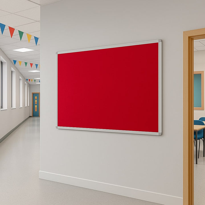 Fire-resistant noticeboard with a red felt surface and aluminium frame, measuring 1500 x 1200mm. Perfect for larger spaces.