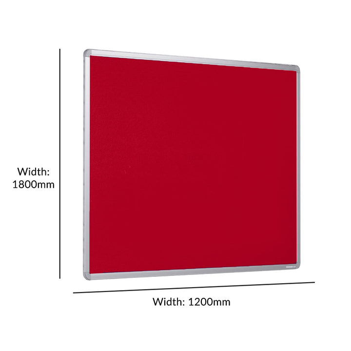 Large fire-resistant noticeboard featuring a vibrant red felt surface and a sturdy aluminium frame. Dimensions: 1800 x 1200mm.