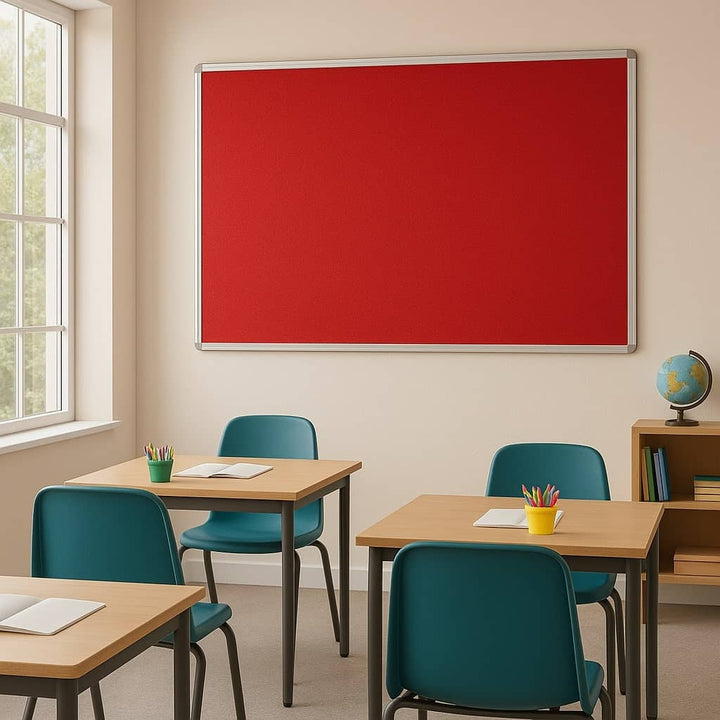 Fire-resistant noticeboard with a red felt surface and aluminium frame, measuring 1800 x 1200mm. Ideal for large displays.
