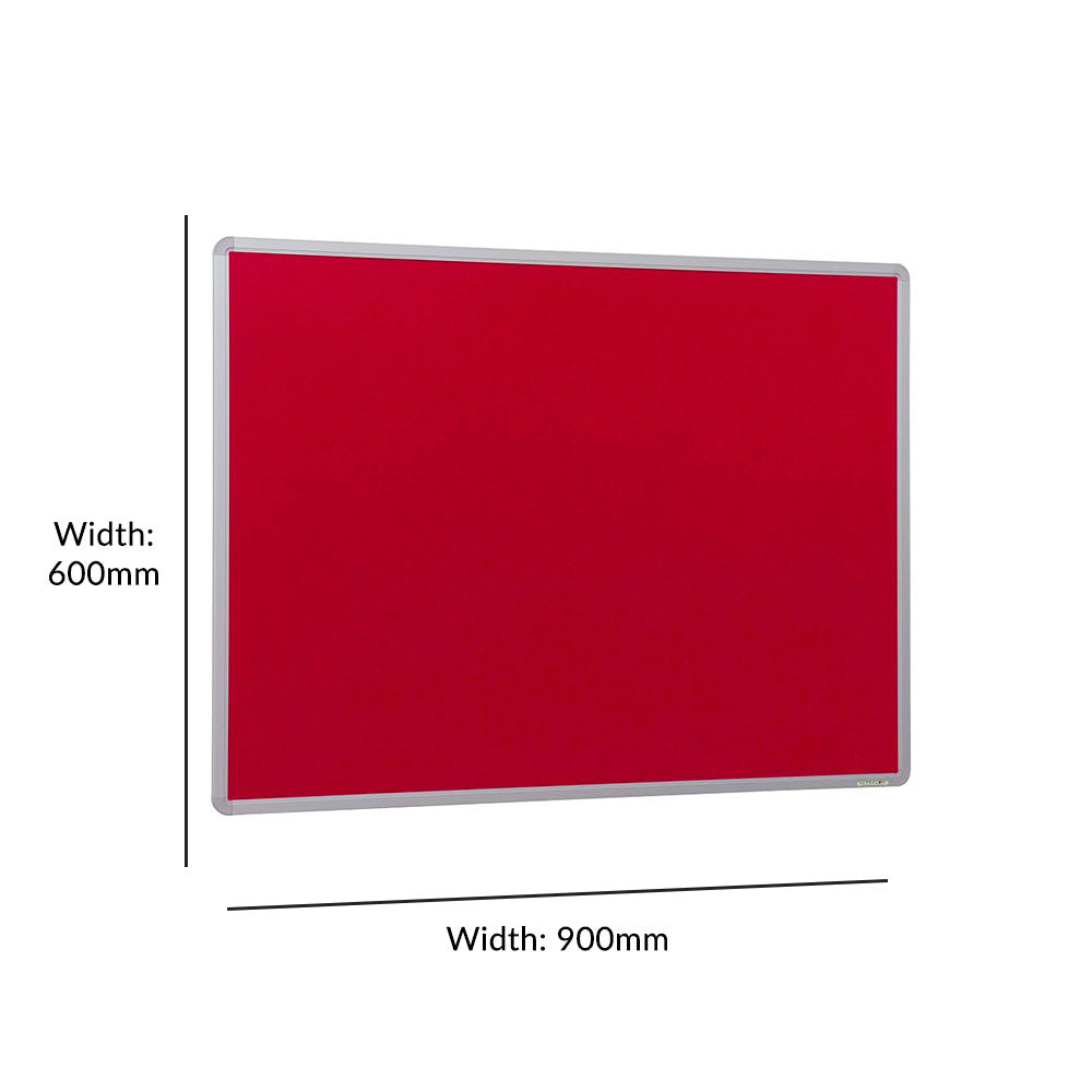 Red felt noticeboard with fire-resistant properties and a sleek aluminium frame, measuring 900 x 600mm. Perfect for organised and secure displays.