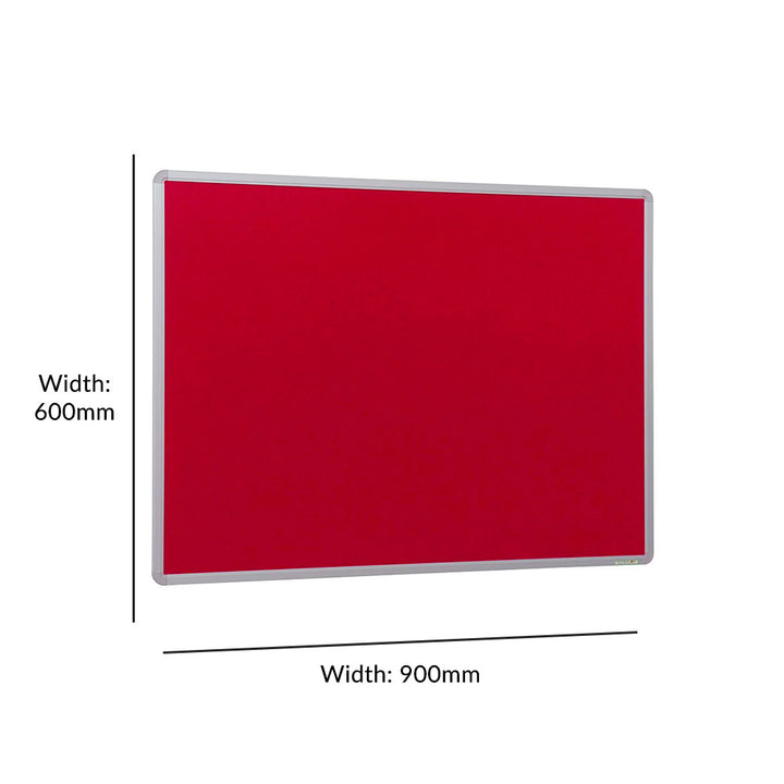 Red felt noticeboard with fire-resistant properties and a sleek aluminium frame, measuring 900 x 600mm. Perfect for organised and secure displays.