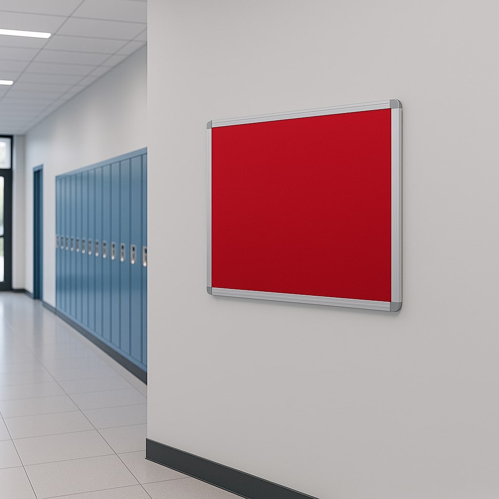Fire-resistant noticeboard with a red felt surface and aluminium frame, measuring 900 x 600mm. Ideal for compact spaces.