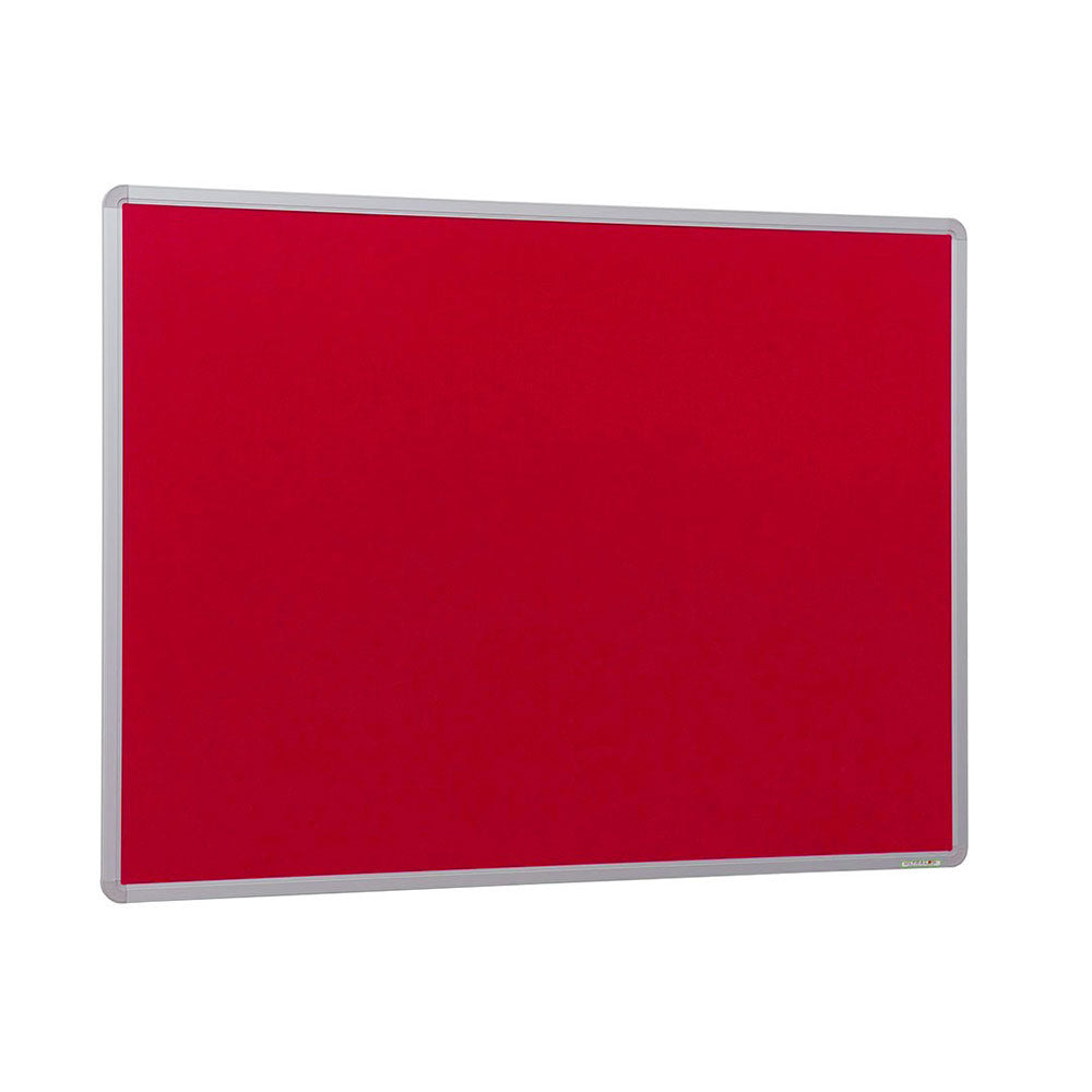 Compact fire-resistant noticeboard featuring a vibrant red felt surface and a sturdy aluminium frame. Dimensions: 900 x 600mm.