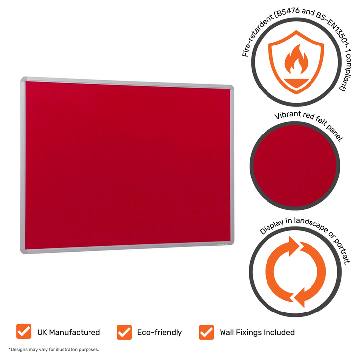 Fire-resistant red felt noticeboard with a robust aluminium frame, suitable for safe use in schools, offices, or public areas.