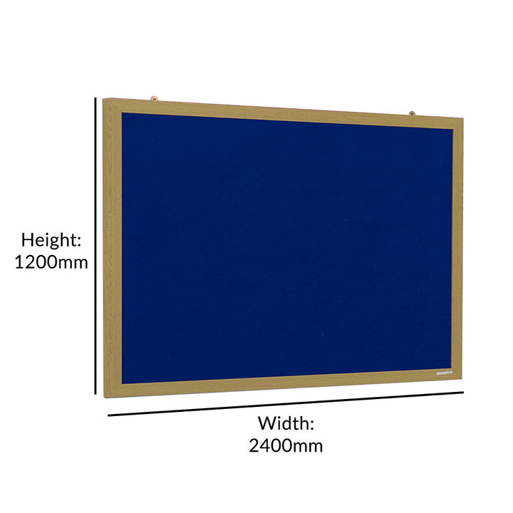 A large 2400 x 1200mm eco-friendly blue felt noticeboard with a wood-effect frame, offering ample space for pinning notices, reminders, and documents in any workspace.



