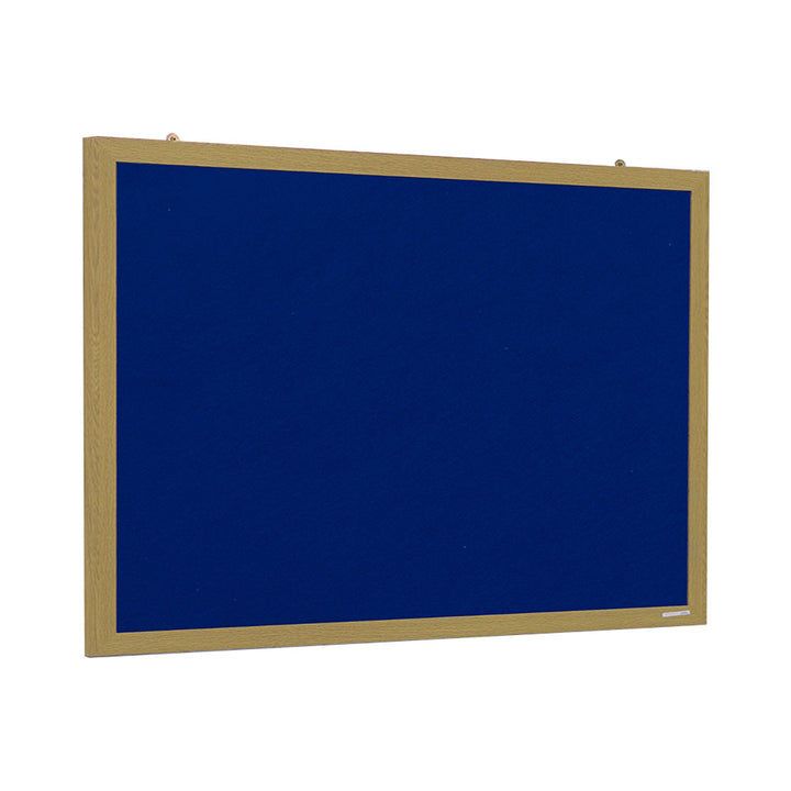 A 2400 x 1200mm blue felt noticeboard with a wood-effect frame, combining sustainability with a sleek design for an efficient and eco-conscious display solution.

