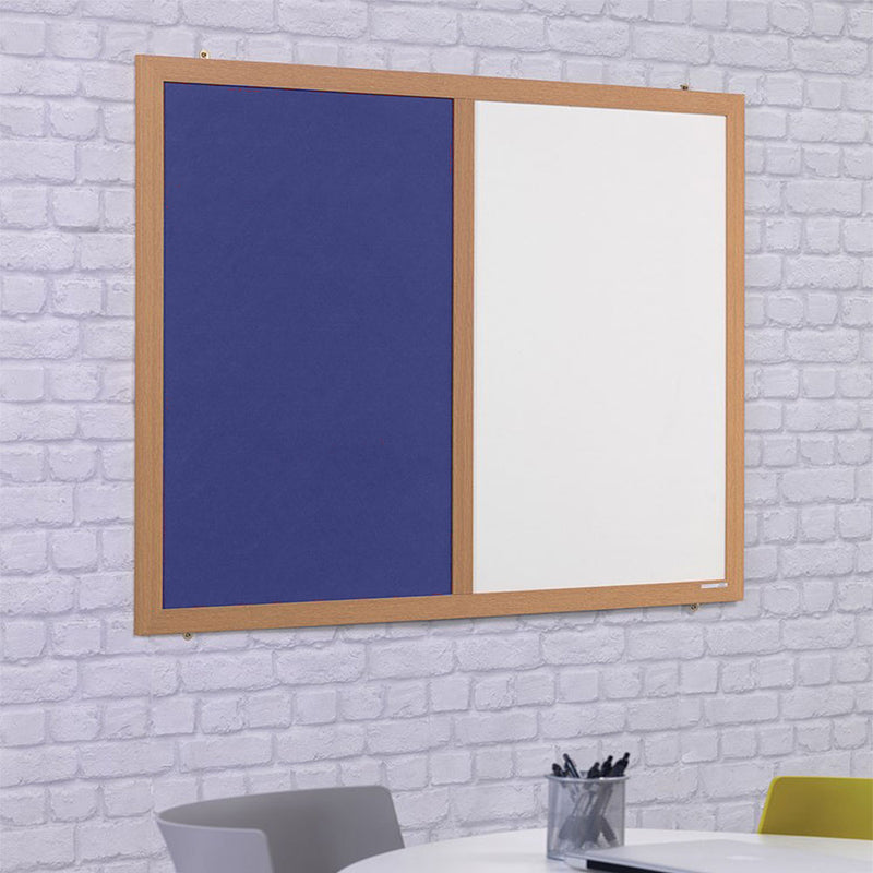 Eco-Friendly Combination Blue Felt Noticeboard with Whiteboard and Wood Effect Frame  - 1800 x 1200mm