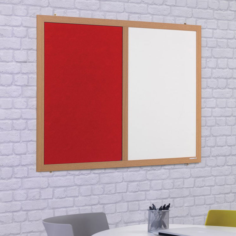 Eco-Friendly Combination Red Felt Noticeboard with Whiteboard and Wood Effect Frame  - 1800 x 1200mm