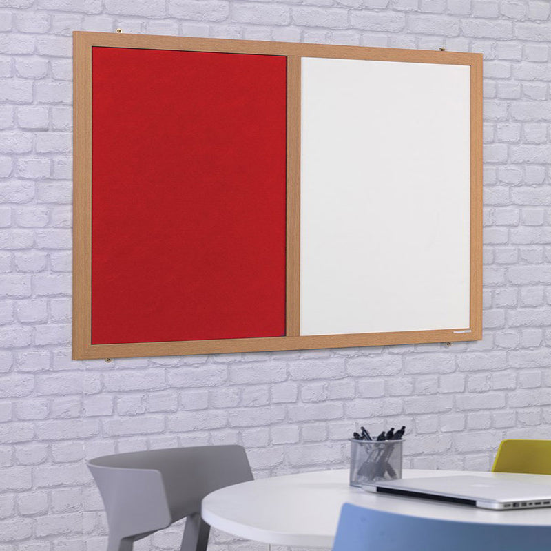 Eco-Friendly Combination Red Felt Noticeboard with Whiteboard and Wood Effect Frame  - 2400 x 1200mm