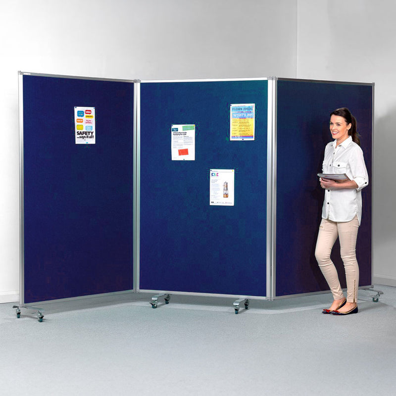 Double-Sided Mobile Triple Panel Aluminium Frame Blue Felt Partitioning Noticeboard with Locking Castors - 3600 x 1900mm