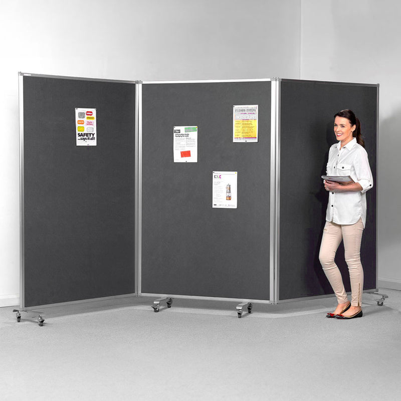 Floor Standing Triple Panel Grey Felt Partitioning Noticeboard with Aluminium Frame and Locking Castors- 3600 x 1900mm