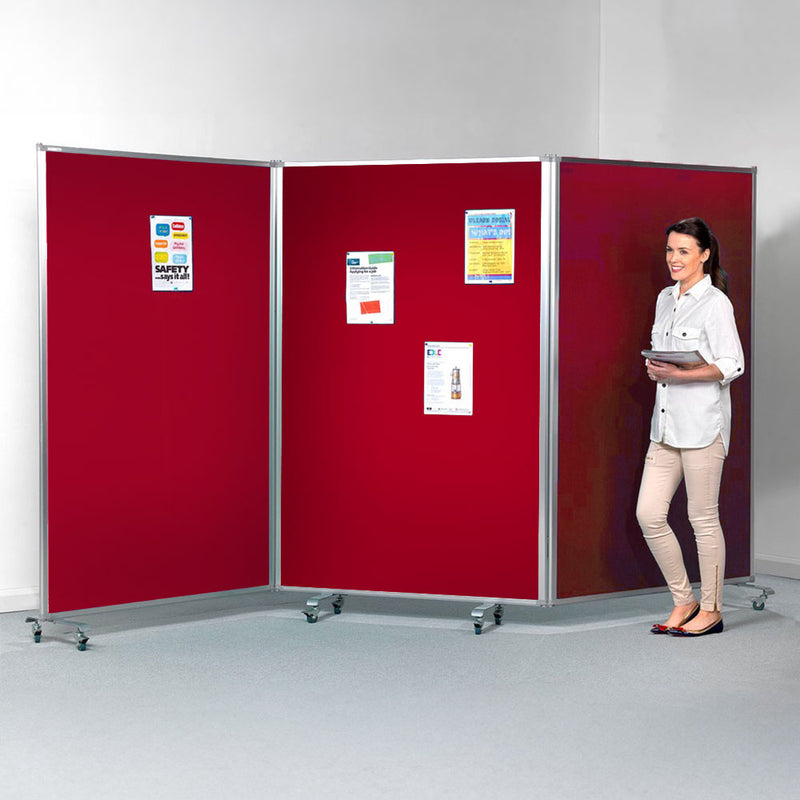 Double-Sided Mobile Triple Panel Aluminium Frame Red Felt Partitioning Noticeboard with Locking Castors - 3600 x 1900mm