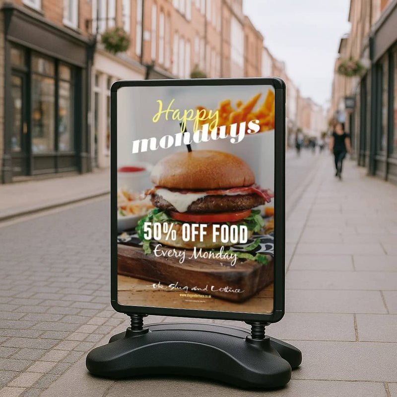 A1 black pavement sign with water base – budget wind-resistant snap frame for outdoor poster display