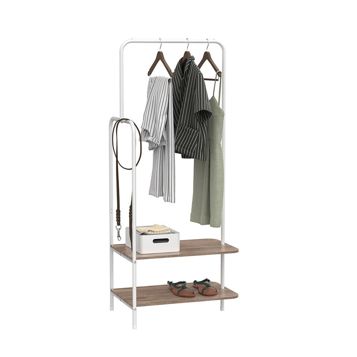 Freestanding white clothing rail – includes dual-level storage shelves for organised display and storage