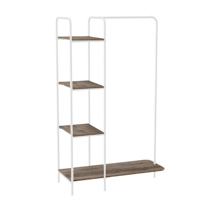 Multi-functional white clothes tidy – garment rail with storage shelves and bottom shoe organiser