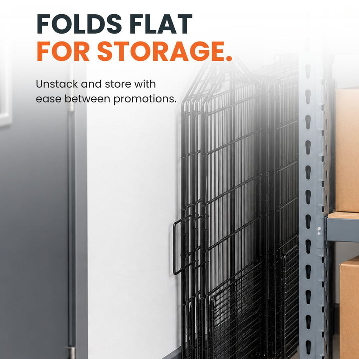 Fold-flat black steel wire retail display baskets with powder-coated construction for compact storage between uses.