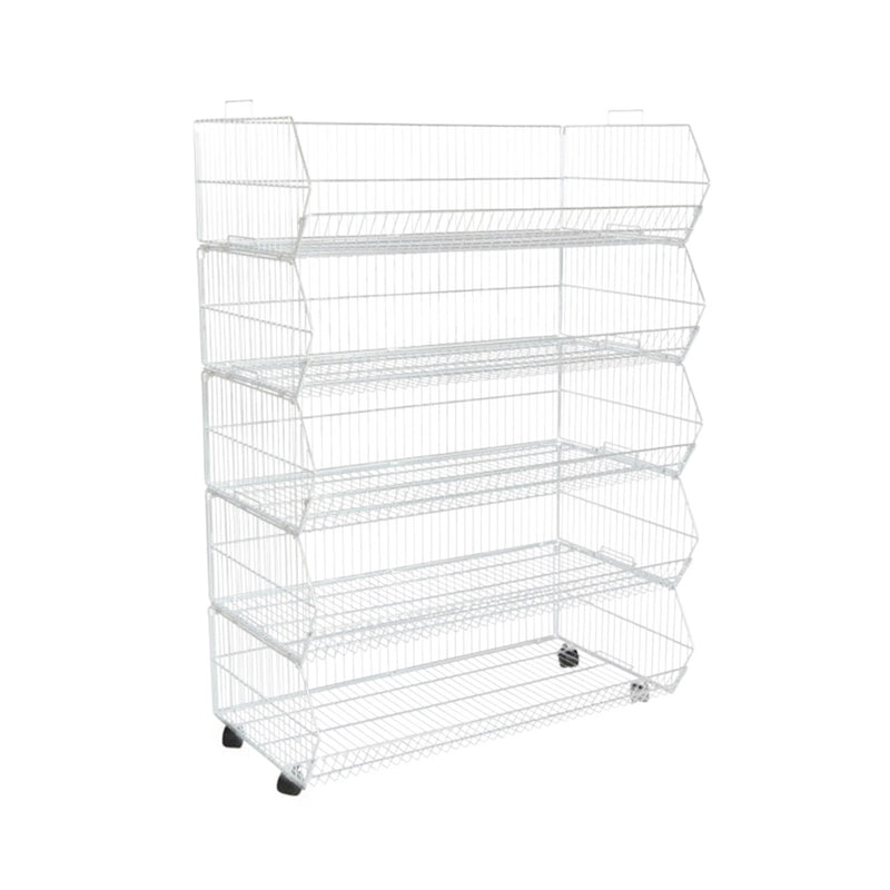 Pack of 2 White 5-Tier Collapsible Rust-Resistant Steel Stacking Basket Unit with Detachable Castors - 1000mm Wide x 1410mm High x 430mm Deep