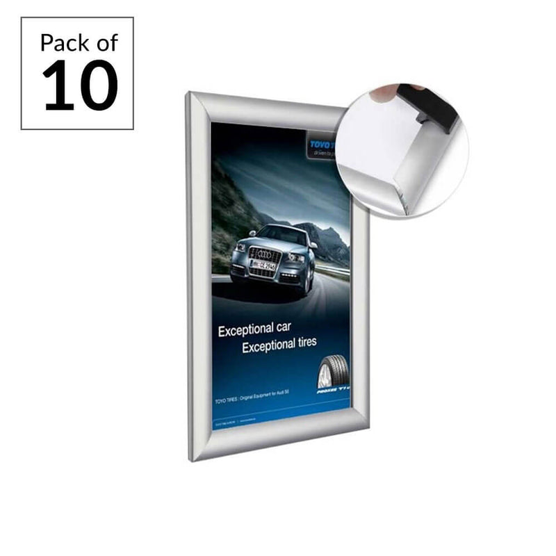Pack of 10 A2 Anti Tamper Silver Poster Snap Frame 25mm Mitred Frame With Wall Fixings