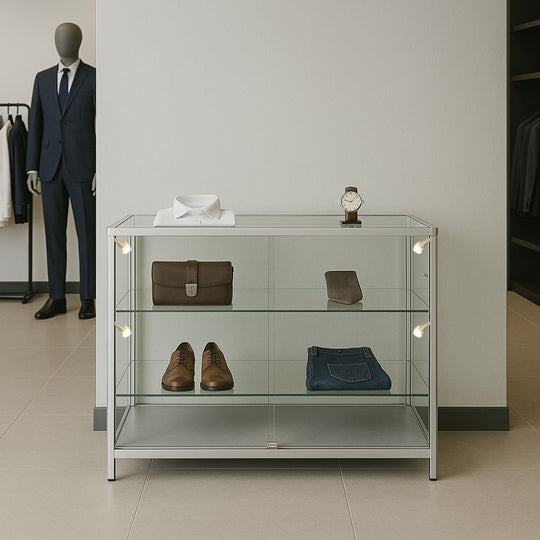 Silver Aluminium Glass Counter Display Cabinet with 8 LED Spotlights & Lockable Sliding Doors - 1000 x 600mm