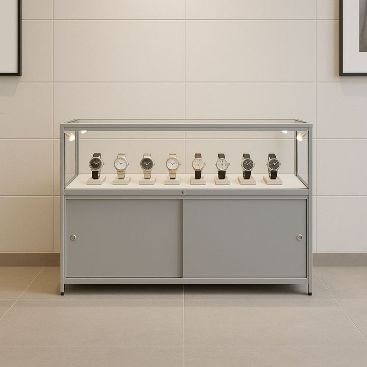 Silver aluminium counter cabinet – 1200 x 500mm glass display with 4 LED lights and lockable base storage for retail