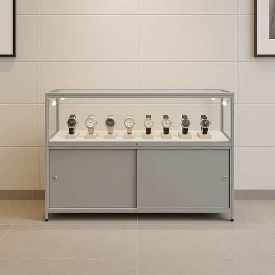 Silver Aluminium Glass Counter Display Cabinet with 4 LED Spotlights & Lockable Storage Compartment - 1200 x 500mm