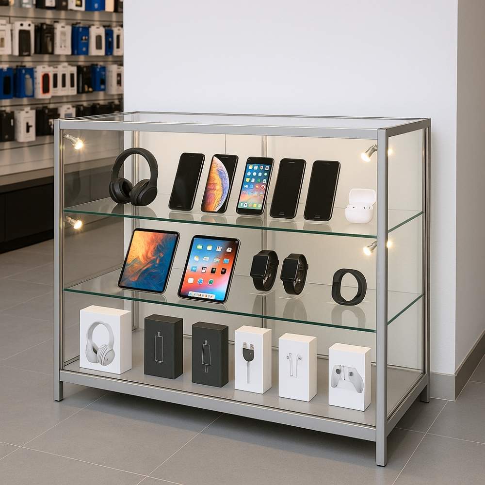 Sophisticated silver aluminium glass display counter with 8 LED spotlights, tempered safety glass, and a lockable sliding door mechanism for secure yet accessible showcasing. Features adjustable feet for stability and two spacious shelves for versatile display arrangements. Ideal for retail, exhibitions, and commercial spaces. Flat-packed for easy assembly.