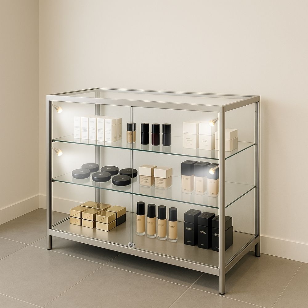 Elegant silver aluminium glass display counter (1000 x 500mm) featuring 8 LED spotlights, lockable sliding doors for security, and ultra-clear tempered safety glass for a pristine view. Designed with height-levelling rubber feet for stability and two spacious shelves for versatile display options. Ideal for retail, exhibitions, and commercial settings. Flat-packed for easy assembly.