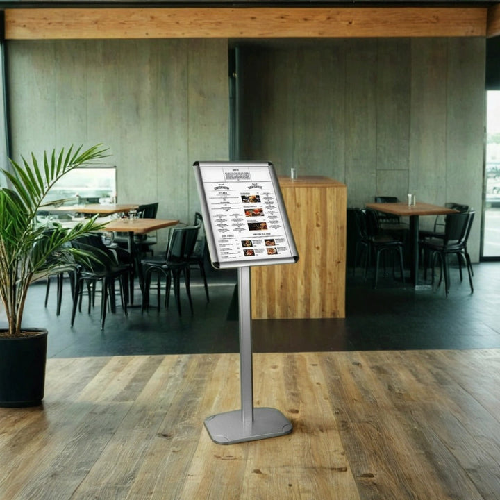 Silver A3 snap frame stand – floor-standing poster display with adjustable orientation and rounded corners
