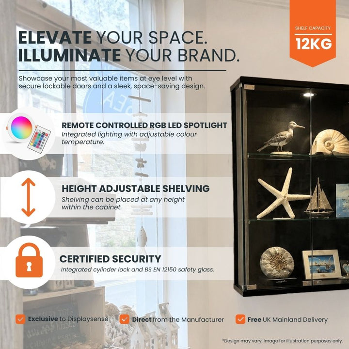 Product feature panel highlighting the 250mm depth, integrated LED spotlight and lockable doors of a black wall mounted display cabinet in a shop
