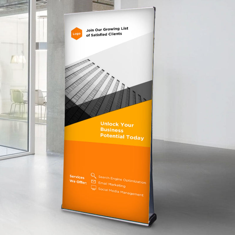 Premium Double-Sided Aluminium Front Loading Roller Banner Stand inc. Custom Printing Service - 2100mm High x 1200mm Wide