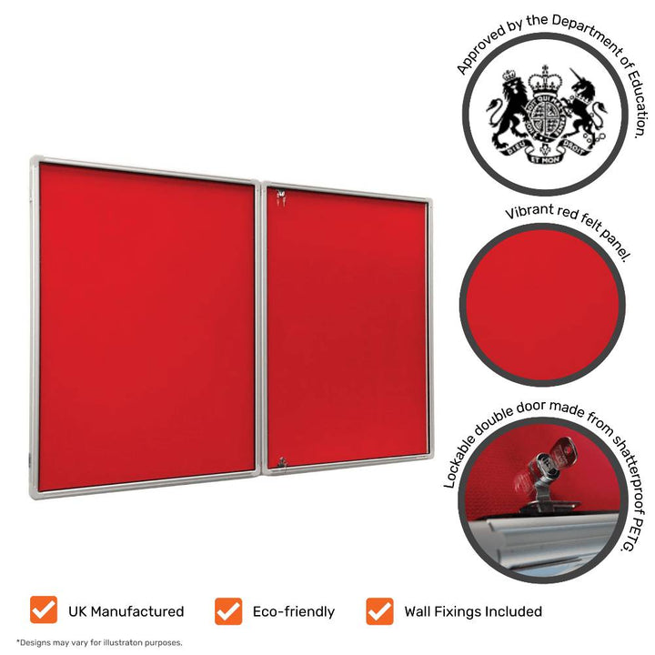 1800 x 1200mm tamperproof red felt noticeboard, designed to securely display important notices and information.
