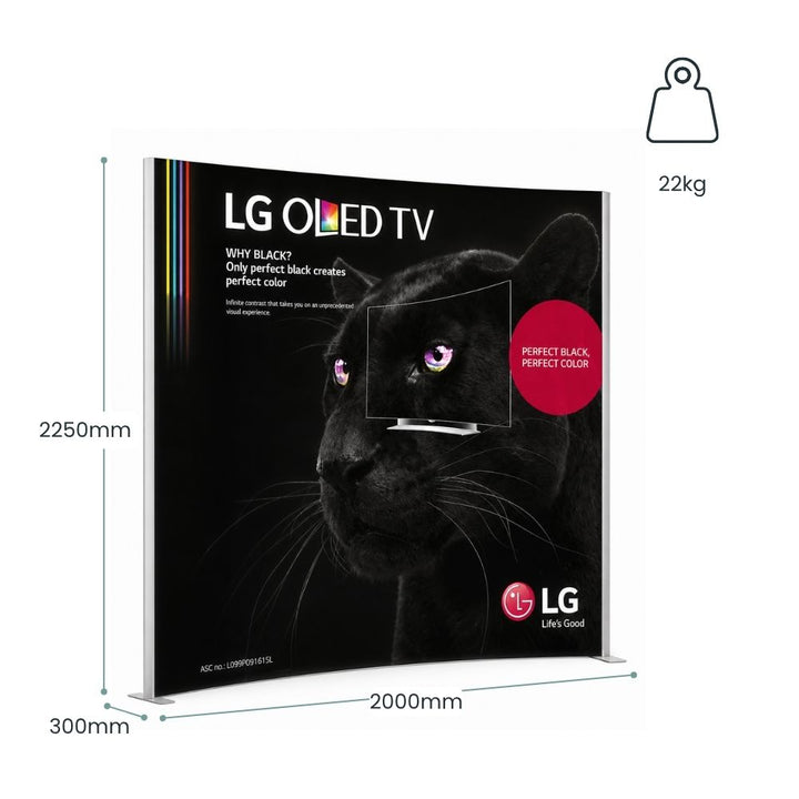 Curved LG OLED TV backlit display wall with annotated dimensions, 22kg weight specification and aluminium frame for exhibition displays.