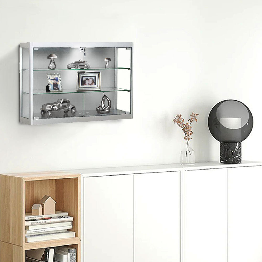 Silver Aluminium Wall Mounted Glass Display Cabinet Lockable with 2 Adjustable Shelves & 6 LED Lights 1000mm Wide
