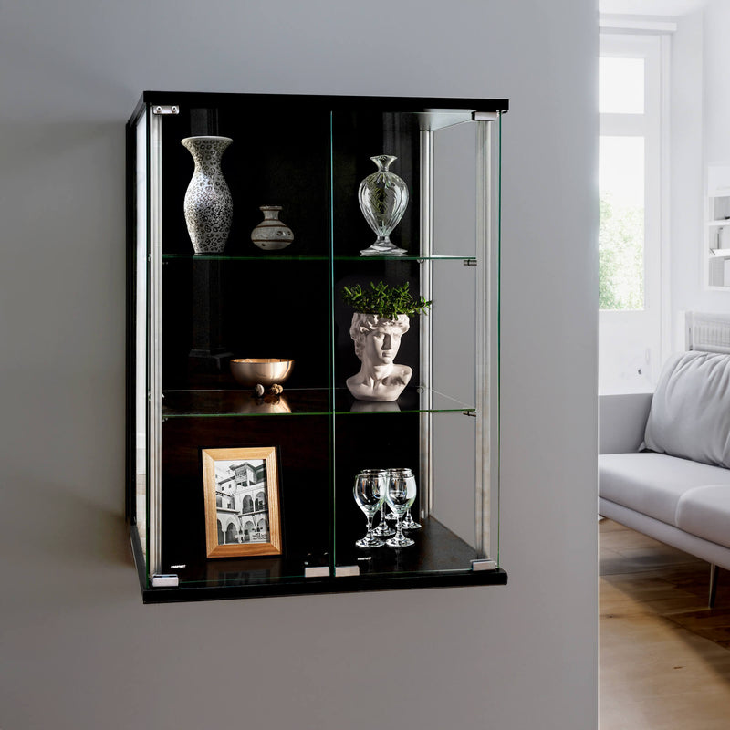 Black Wall Mounted Double Door Display Cabinet with 2 Adjustable Shelves 600mm Wide