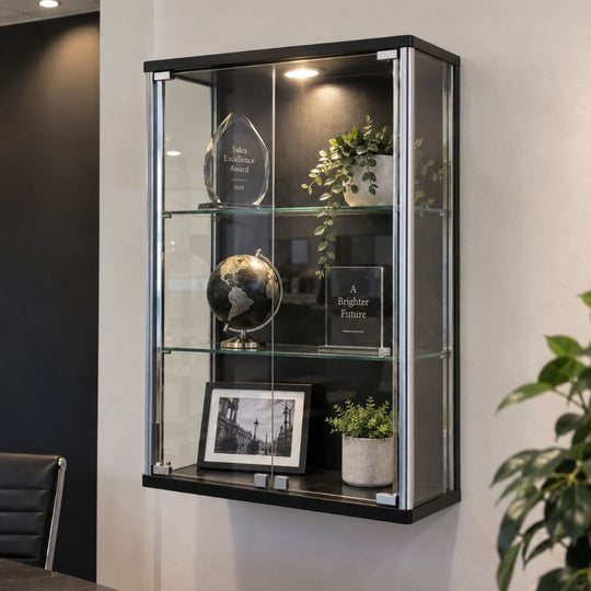 Black Wall Mounted Glass Display Cabinet with LED Lighting and Lock – 600mm Wide