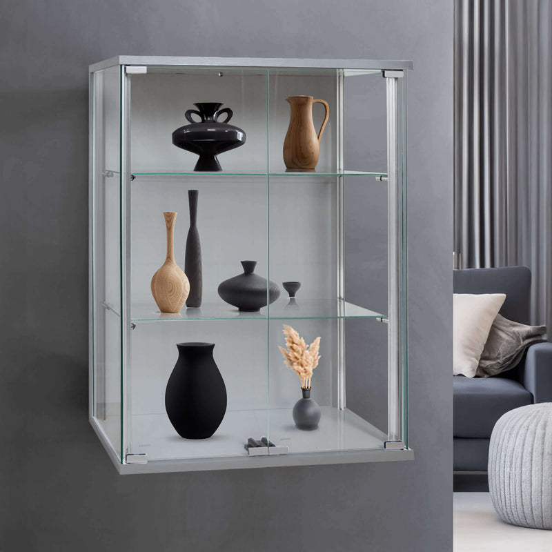 Silver Aluminium Wall Mounted Double Door Glass Display Cabinet with 2 Adjustable Shelves  - 600mm