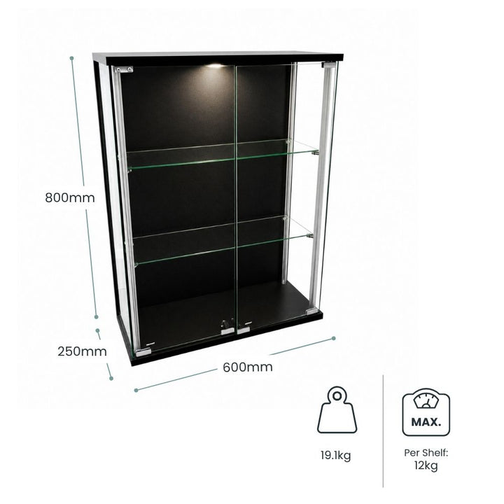 Dimensions diagram of a black wall mounted glass display cabinet measuring 800mm high, 600mm wide and 250mm deep, with a 12kg maximum shelf load