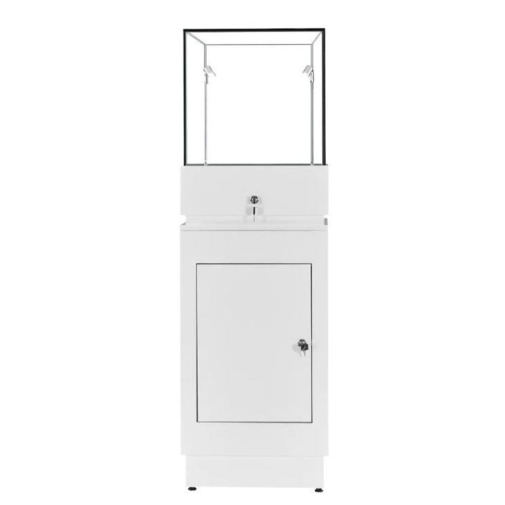 White wooden display pedestal – 1600mm cabinet with 2 LED lights, drawer storage and secure internal shelving