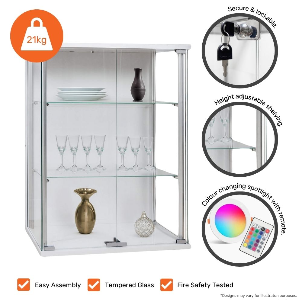 White Wall Mounted Double Door Display Cabinet with 2 Adjustable Shelves and LED Spotlight - 600mm Wide